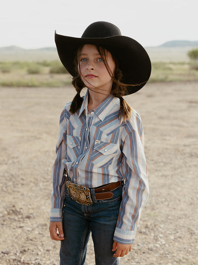 Girl's Cowboygirl Ecru & Cowboy Blue Striped Granddaddy Western Snap Shirt