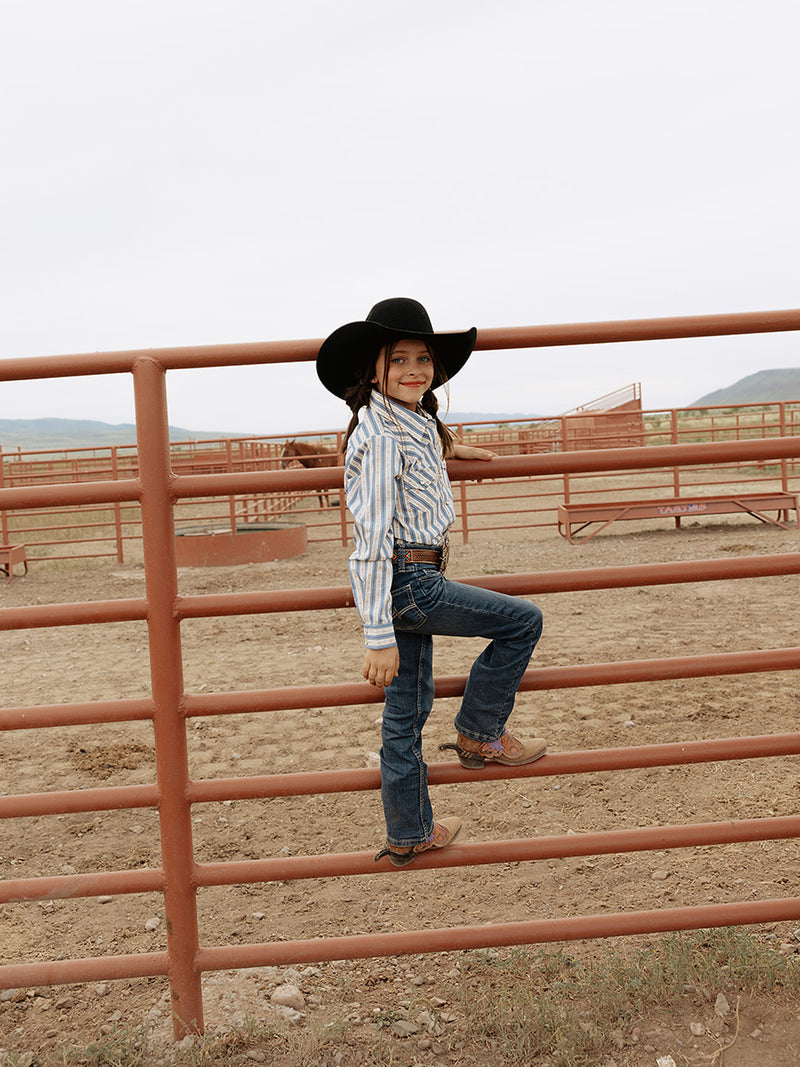 Girl's Cowboygirl Blue Horseshoe Striped Print Granddaddy Western Snap Shirt