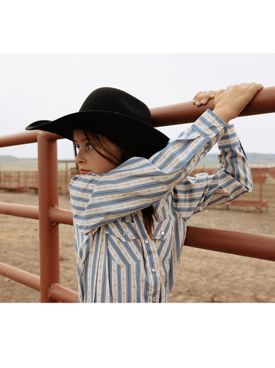 Girl's Cowboygirl Blue Horseshoe Striped Print Granddaddy Western Snap Shirt