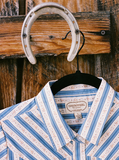 Girl's Cowboygirl Blue Horseshoe Striped Print Granddaddy Western Snap Shirt