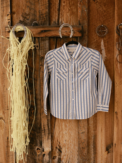 Girl's Cowboygirl Blue Horseshoe Striped Print Granddaddy Western Snap Shirt