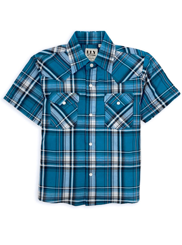 Boy's Ely Cattleman Short Sleeve Textured Plaid Western Snap Shirt