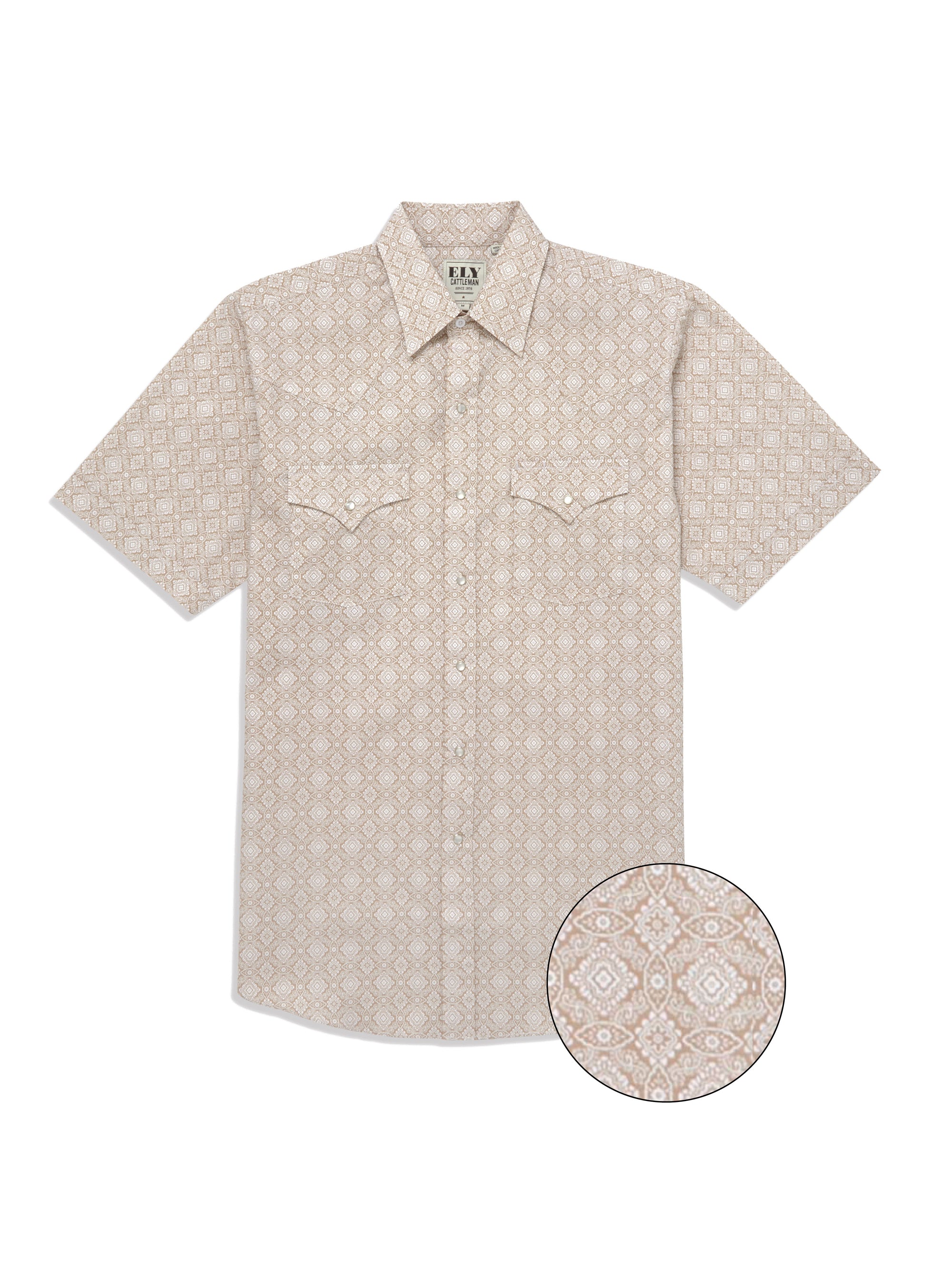 Men's Ely Cattleman Short Sleeve Medallion Print Western Snap Shirt - Khaki