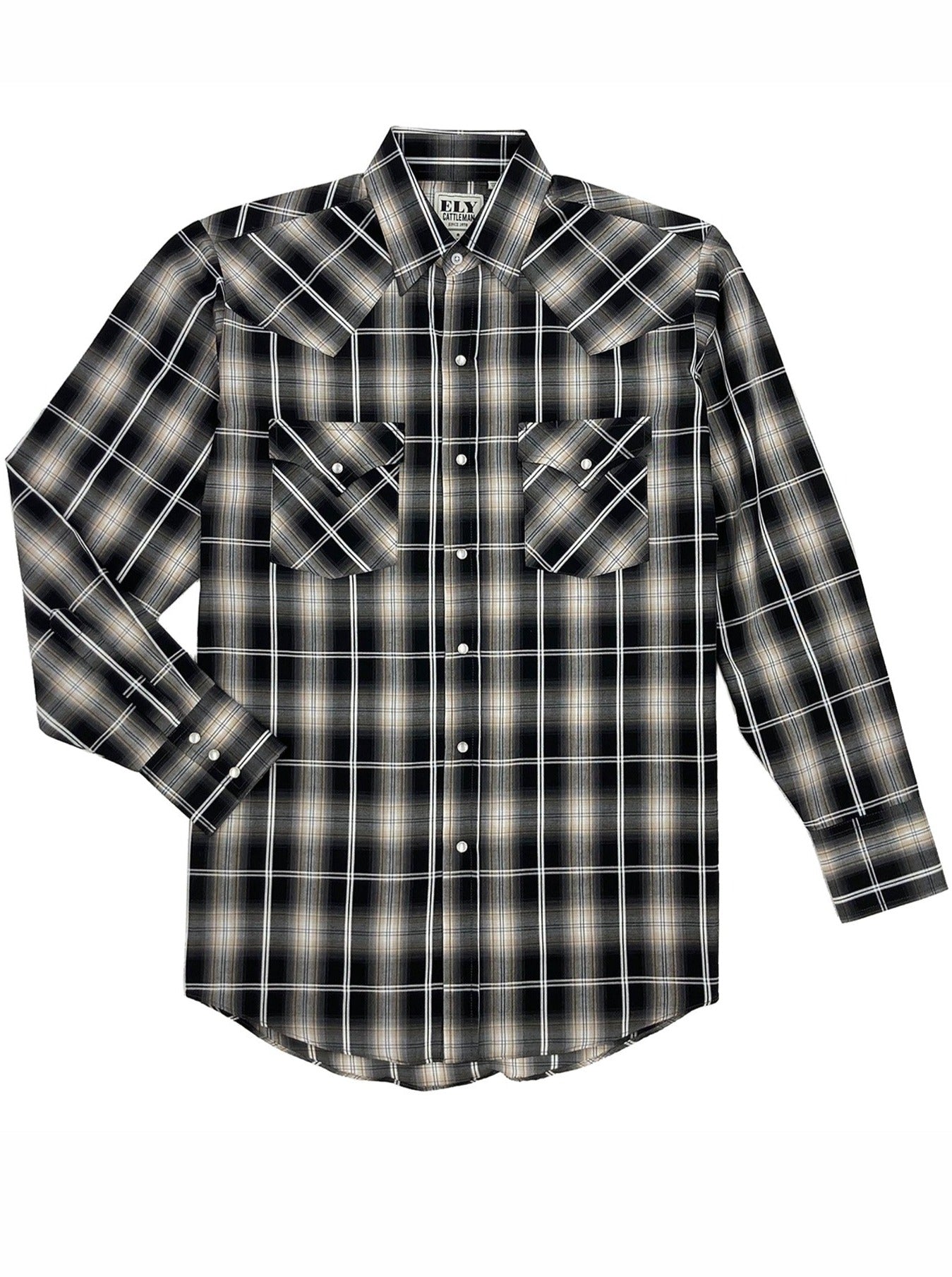 Men's Ely Cattleman Long Sleeve Textured Plaid Western Snap Shirt - Black