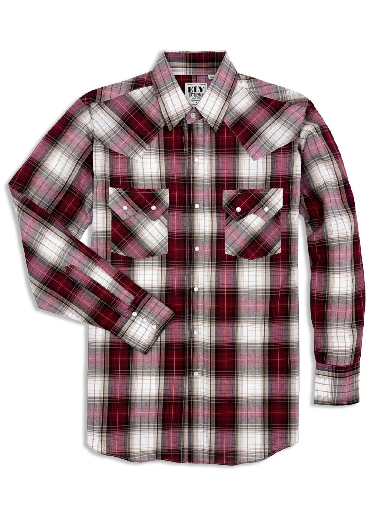 Men's Ely Cattleman Long Sleeve Textured Plaid Western Snap Shirt- Red