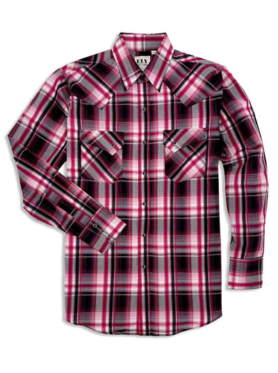 Men's Ely Cattleman Long Sleeve Textured Plaid Western Snap Shirt- Red