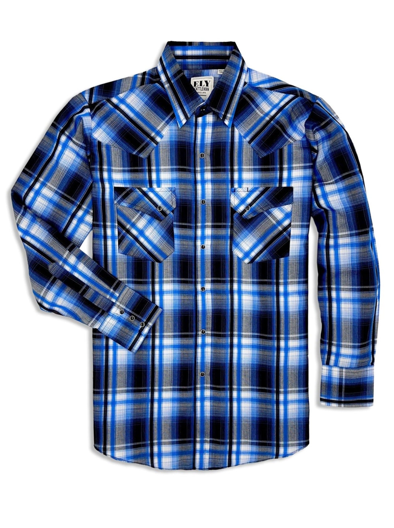 Men's Ely Cattleman Long Sleeve Textured Plaid Western Snap Shirt- Royal