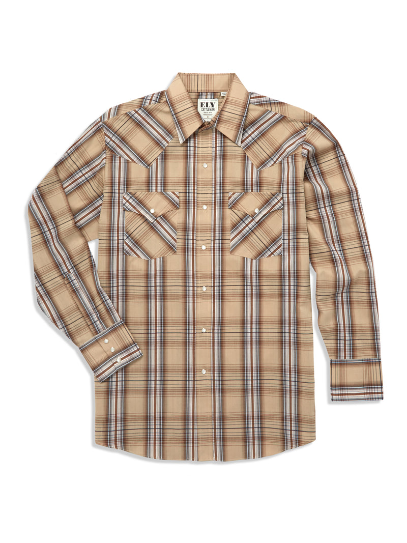 Men's Ely Cattleman Long Sleeve Textured Plaid Western Snap Shirt- Khaki