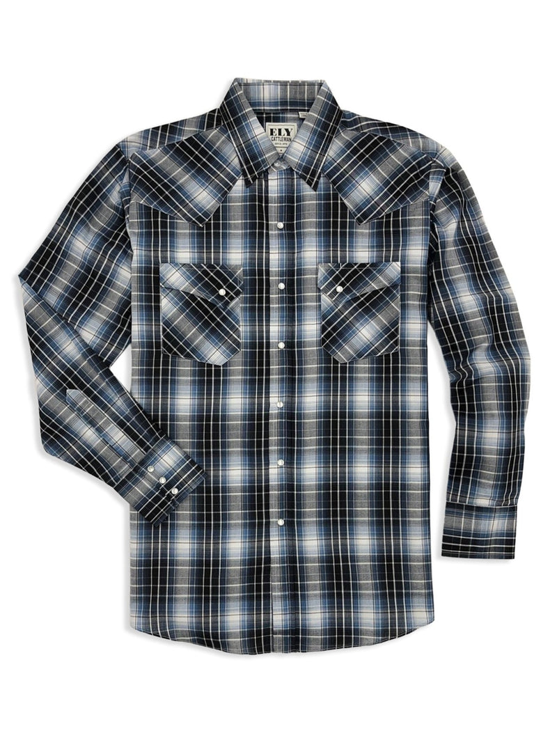Men's Ely Cattleman Long Sleeve Textured Plaid Western Snap Shirt- Black