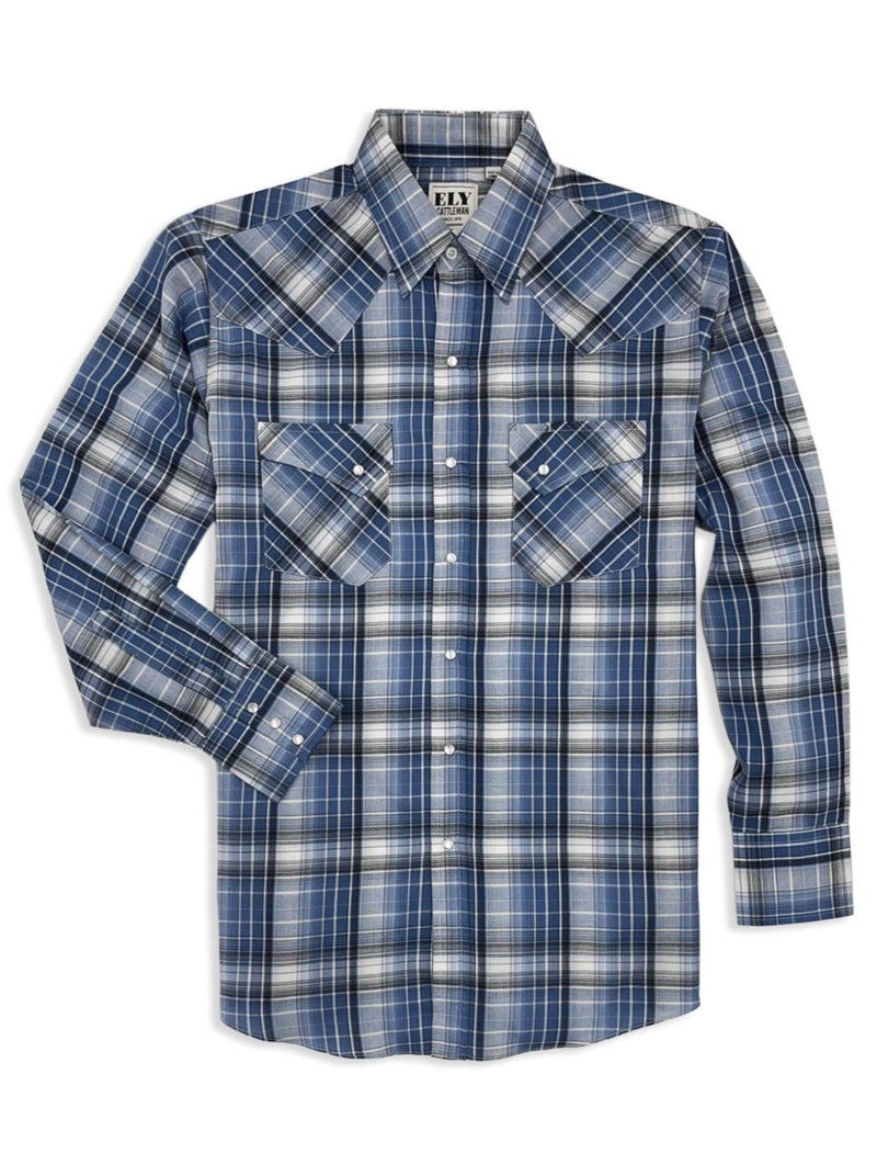 Men's Ely Cattleman Long Sleeve Textured Plaid Western Snap Shirt- Blue