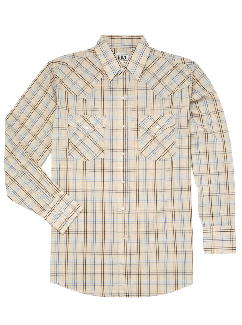 Men's Ely Cattleman Long Sleeve Mini Plaid Western Snap Shirt- Khaki