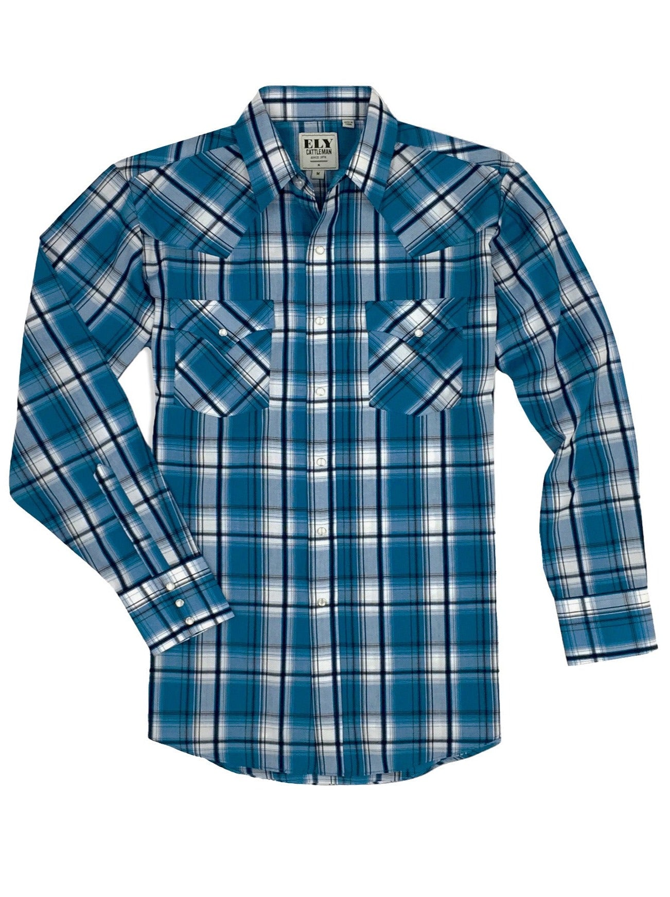 Men's Ely Cattleman Long Sleeve Textured Plaid Western Snap Shirt- Mallard