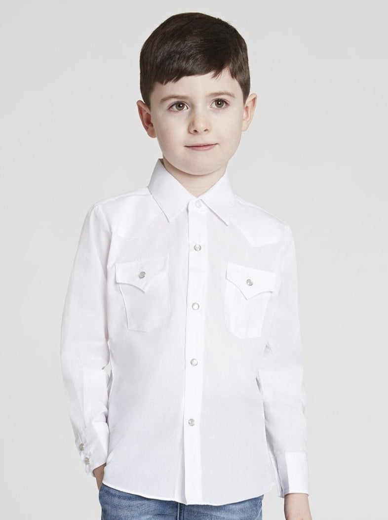Boy's Long Sleeve Solid White Western Shirt in White