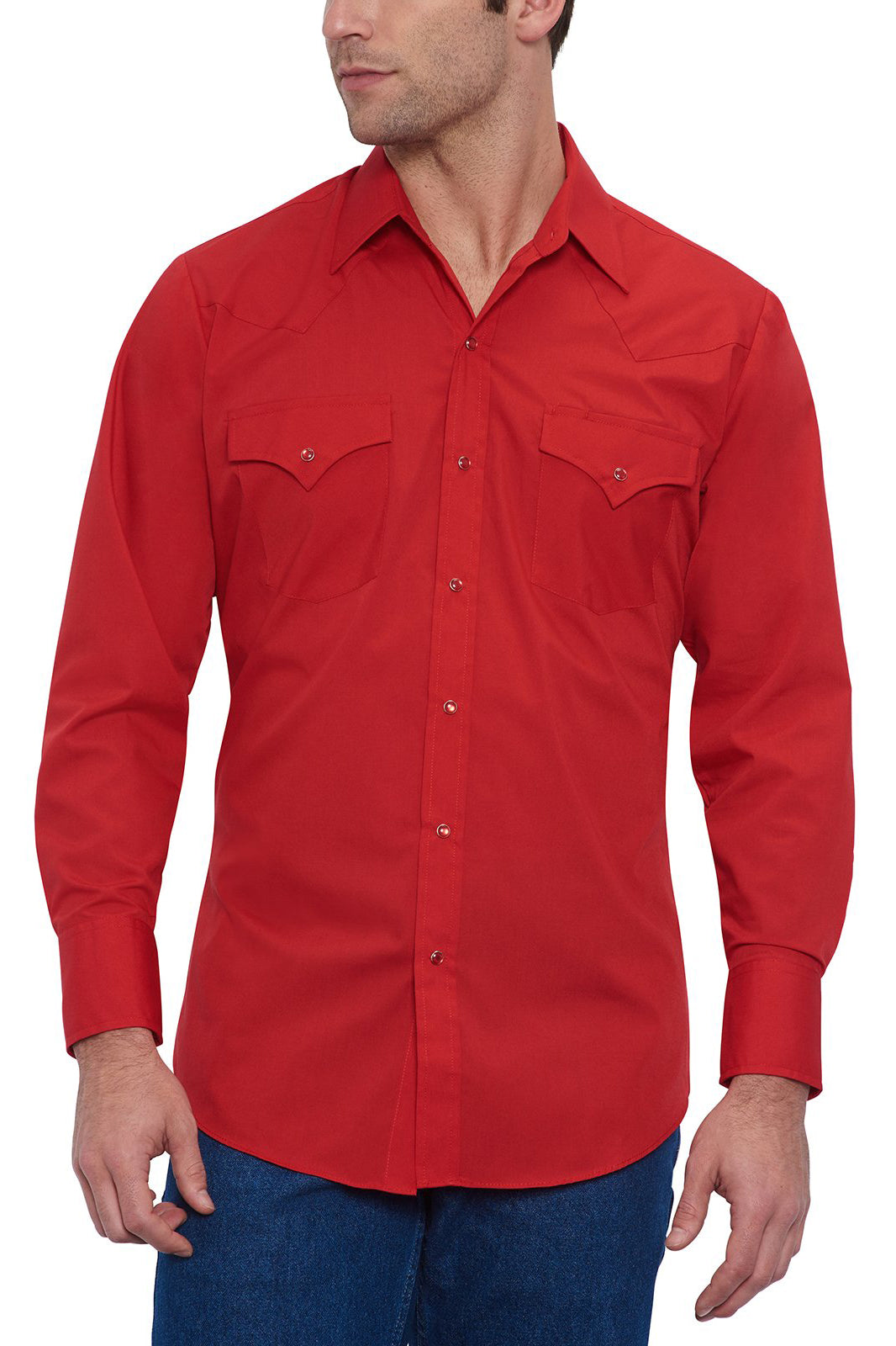ELY CATTLEMAN Men's Long Sleeve Western Shirt - Solid Color Snap Button Work Shirt With Flap Pockets