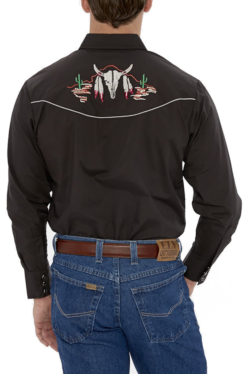 Men's Long Sleeve Western Shirt with Cow Skull Embroidery in Black | Ely Cattleman