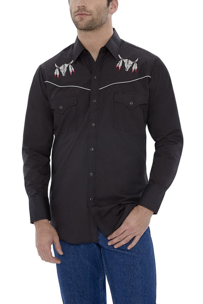 Men's Long Sleeve Western Shirt with Cow Skull Embroidery in Black | Ely Cattleman