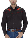 Long Sleeve Western Shirt with Rose Embroidery in Black | Ely Cattleman