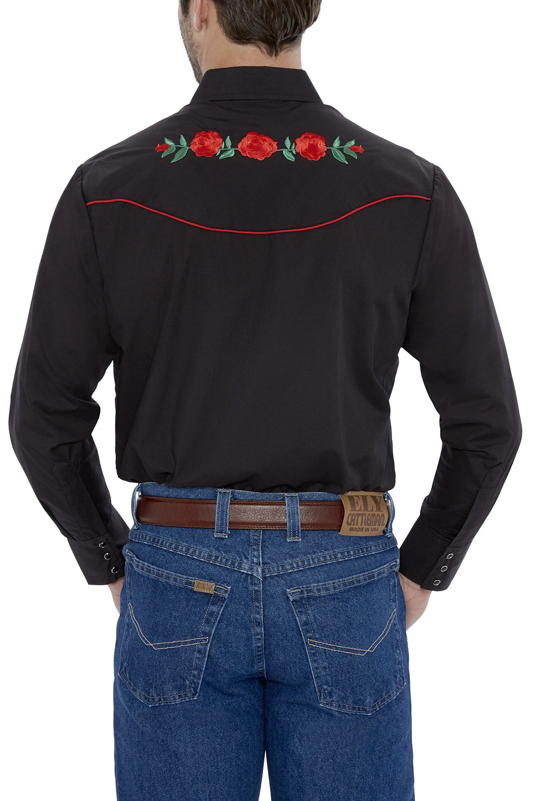 Men's Ely Cattleman Long Sleeve Western Snap Shirt with Rose Embroidery Black with Red Rose Embroidery / S Men's Ely Cattleman Long Sleeve Western Snap Shirt with Rose Embroidery Black with Red Rose Embroidery / S