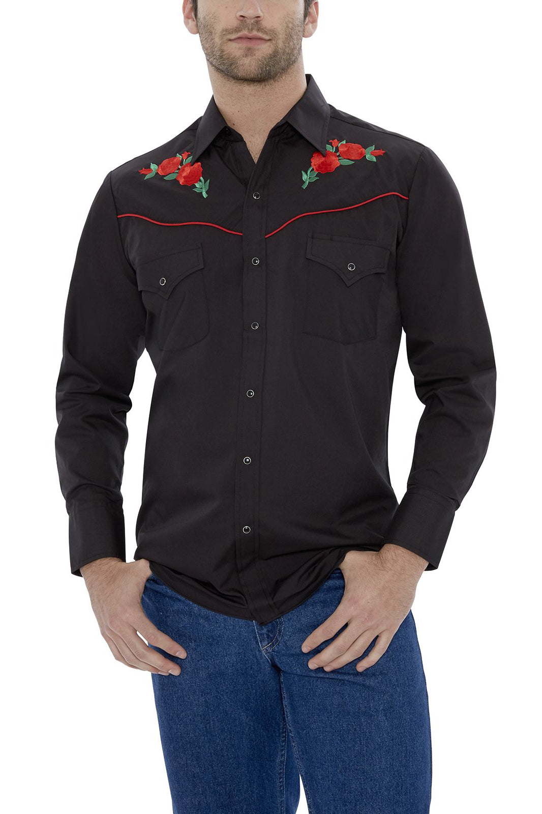 Men's Ely Cattleman Long Sleeve Western Snap Shirt with Rose Embroidery Black with Red Rose Embroidery / S Men's Ely Cattleman Long Sleeve Western Snap Shirt with Rose Embroidery Black with Red Rose Embroidery / S