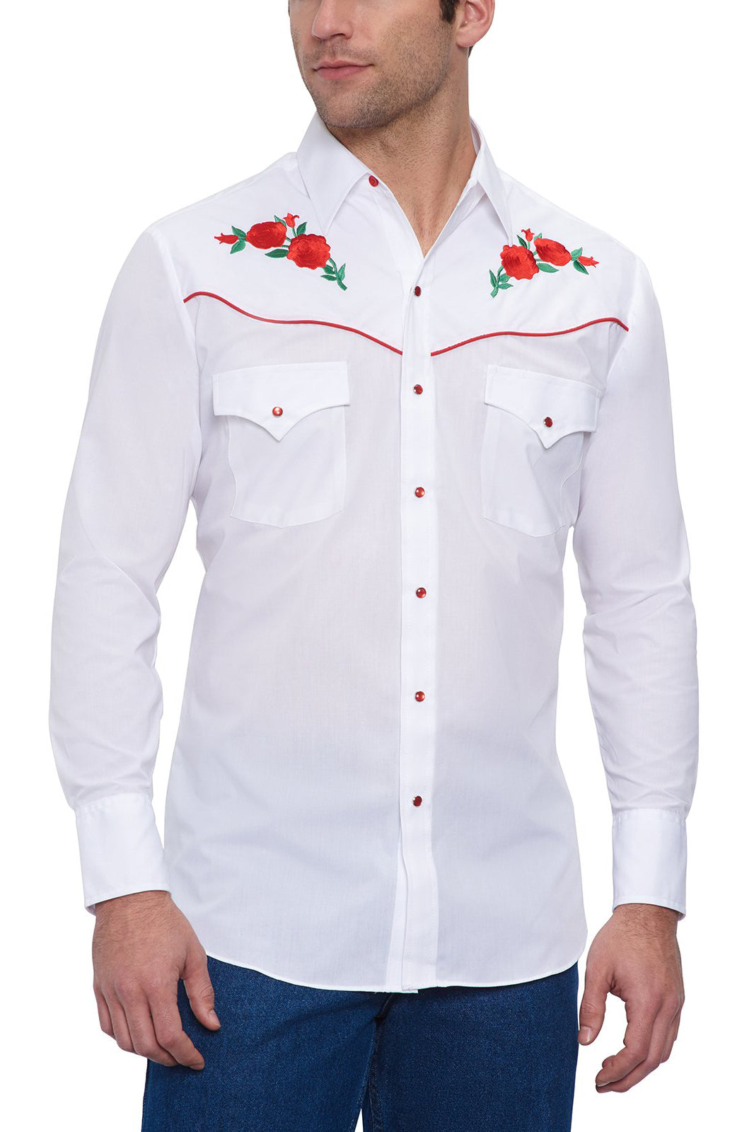 Men's Ely Cattleman Long Sleeve Western Snap Shirt with Rose Embroidery Black with Red Rose Embroidery / S