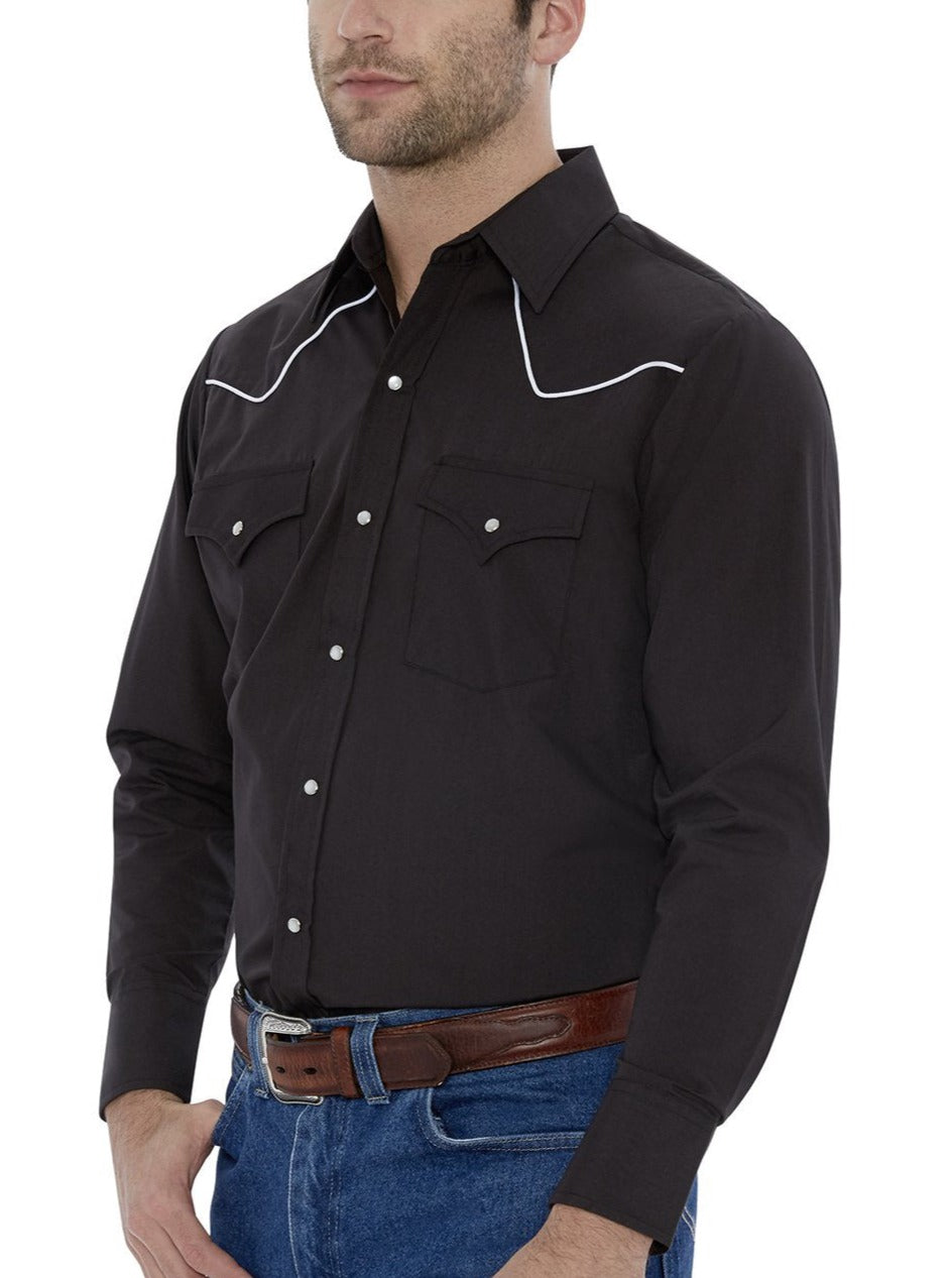 Men's Long Sleeve Western Shirt with Contrast Piping in Black | Ely Cattleman