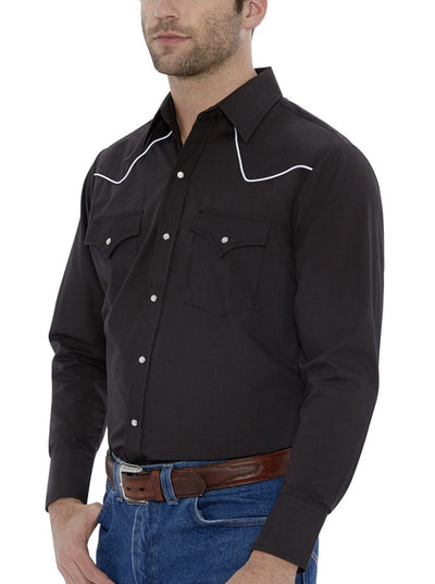 Men's Ely Cattleman Long Sleeve Western Snap Shirt with Contrast Piping Black / 4XL Men's Ely Cattleman Long Sleeve Western Snap Shirt with Contrast Piping Black / 4XL