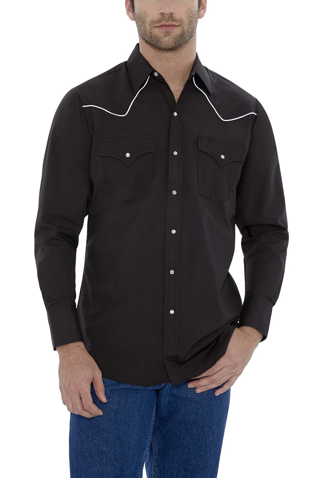 Men's Ely Cattleman Long Sleeve Western Snap Shirt with Contrast Piping Black / 4XL Men's Ely Cattleman Long Sleeve Western Snap Shirt with Contrast Piping Black / 4XL