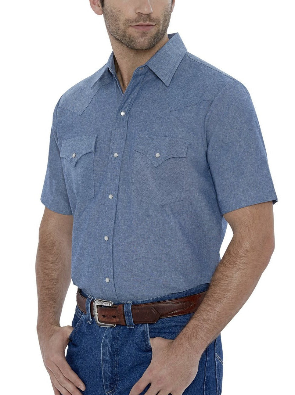 Ely Cattleman Men's Short Sleeve Chambray Work Shirt, Blue, XXL