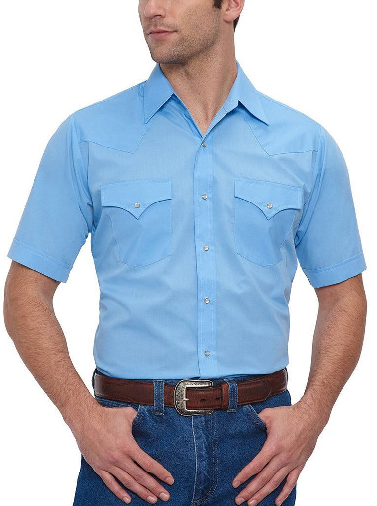 Men's Short Sleeve Solid Western Shirt in Light Blue | Ely Cattleman