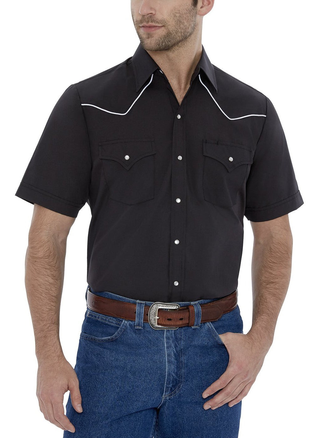 Men's Short Sleeve Solid Western Shirt with Contrast Piping in Black | Ely Cattleman