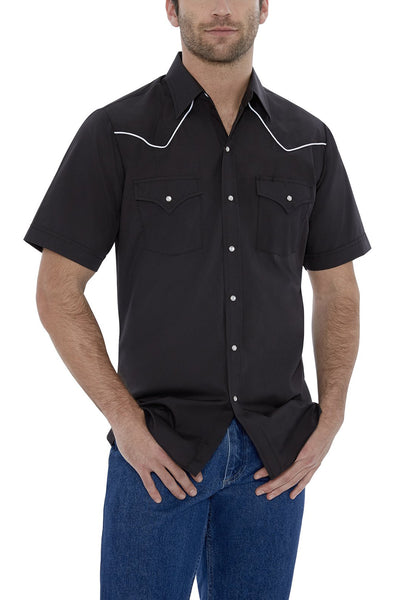 Men's Short Sleeve Solid Western Shirt with Contrast Piping in Black | Ely Cattleman