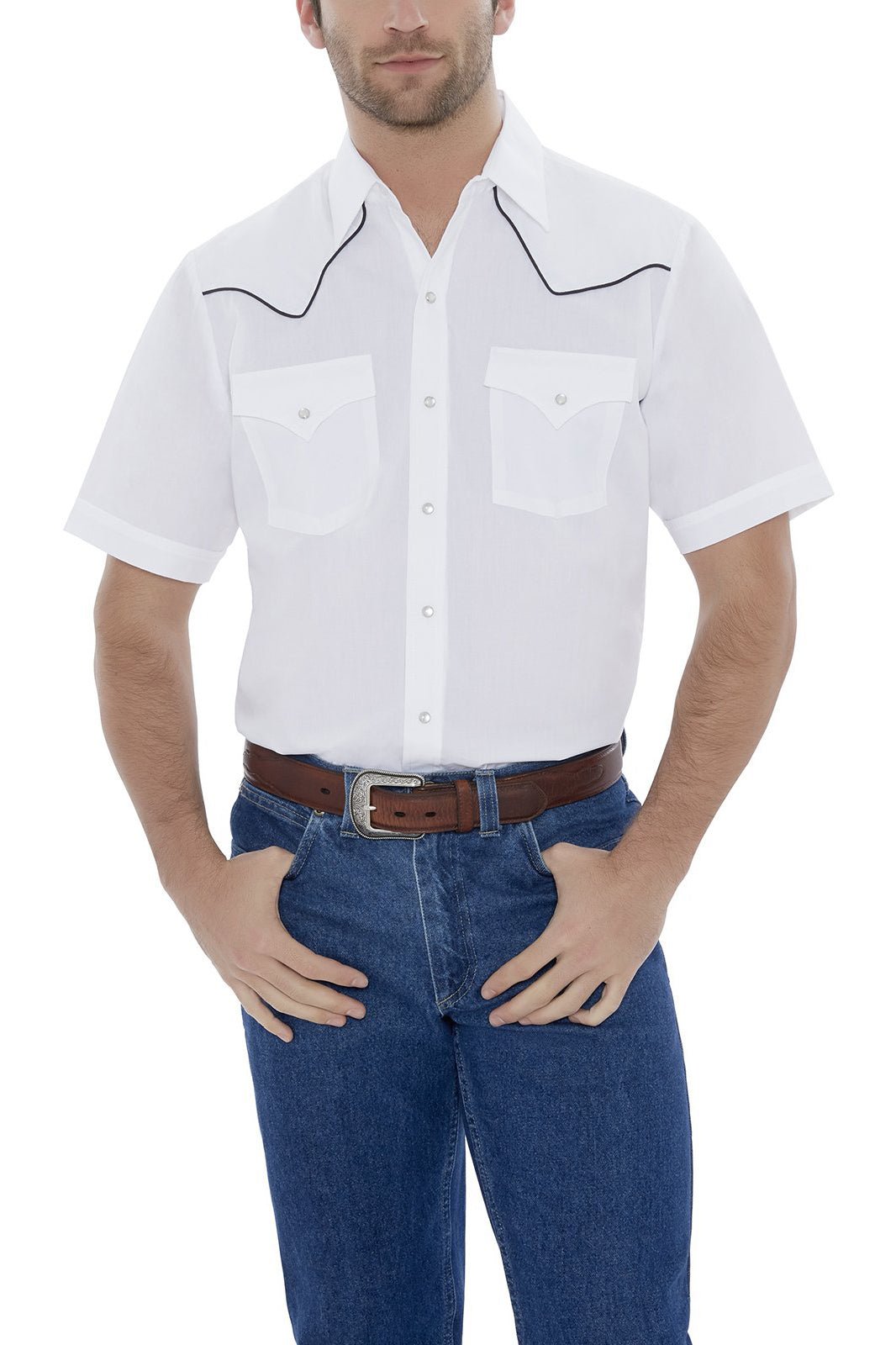Men's Ely Cattleman Short Sleeve Solid Western Snap Shirt with Contras