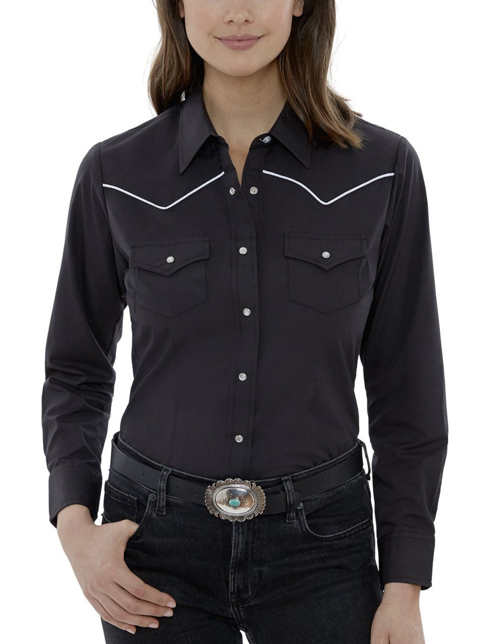 Women's Ely Walker Long Sleeve Western Snap Shirt With Contrast Piping Black / S Women's Ely Walker Long Sleeve Western Snap Shirt With Contrast Piping Black / S