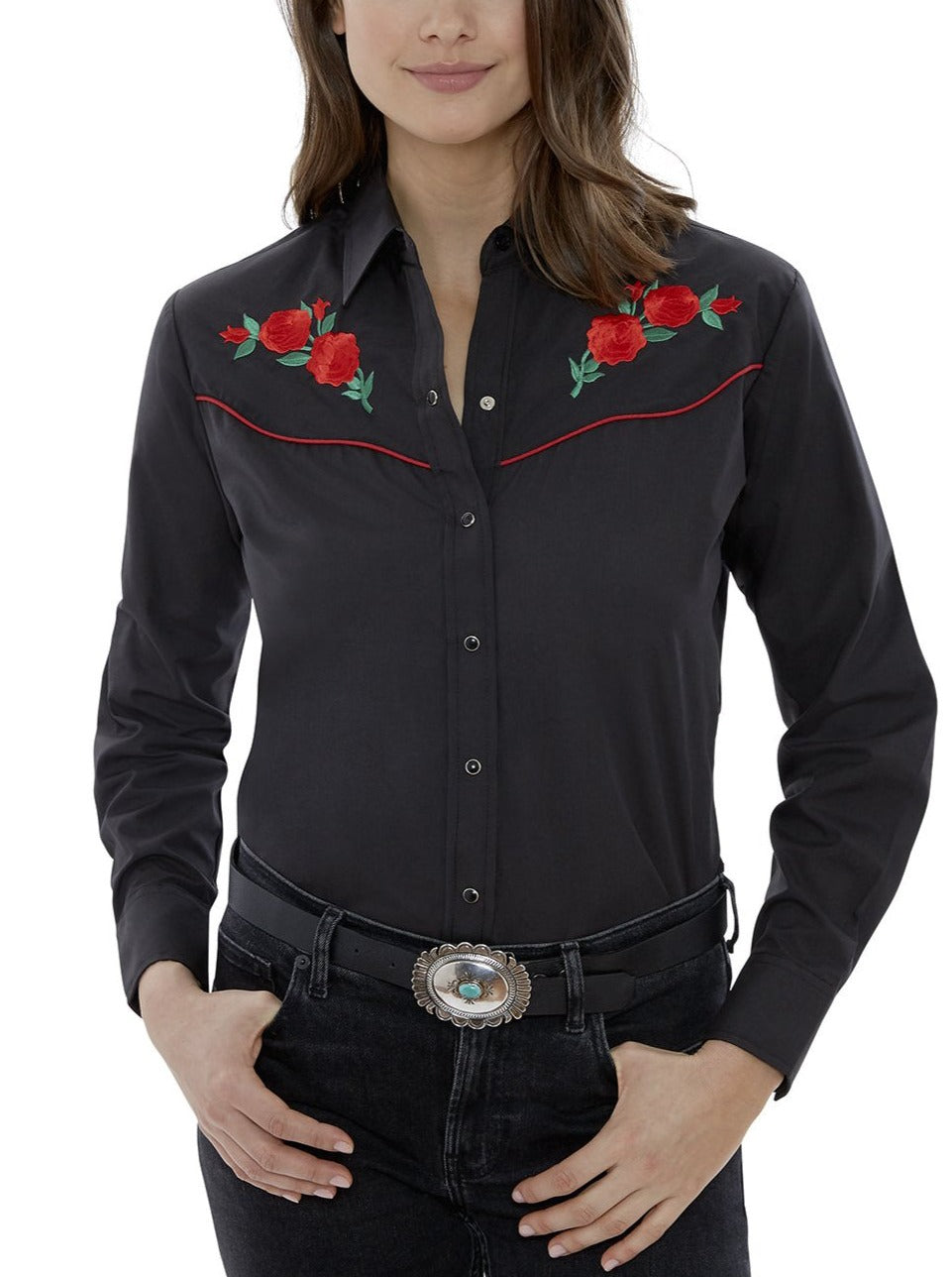 Women's Ely Walker Long Sleeve Western Snap Shirt with Red Rose