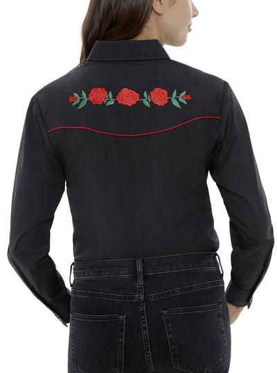 Women's Long Sleeve Western Shirt with Red Rose Embroidery in Black | Ely Cattleman