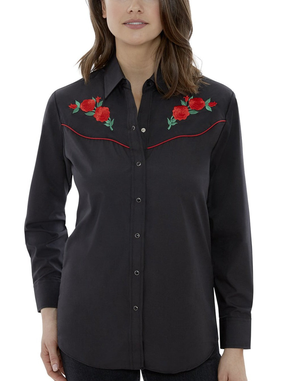 Women's Ely Cattleman Long Sleeve Western Snap Shirt with Red Rose Emb