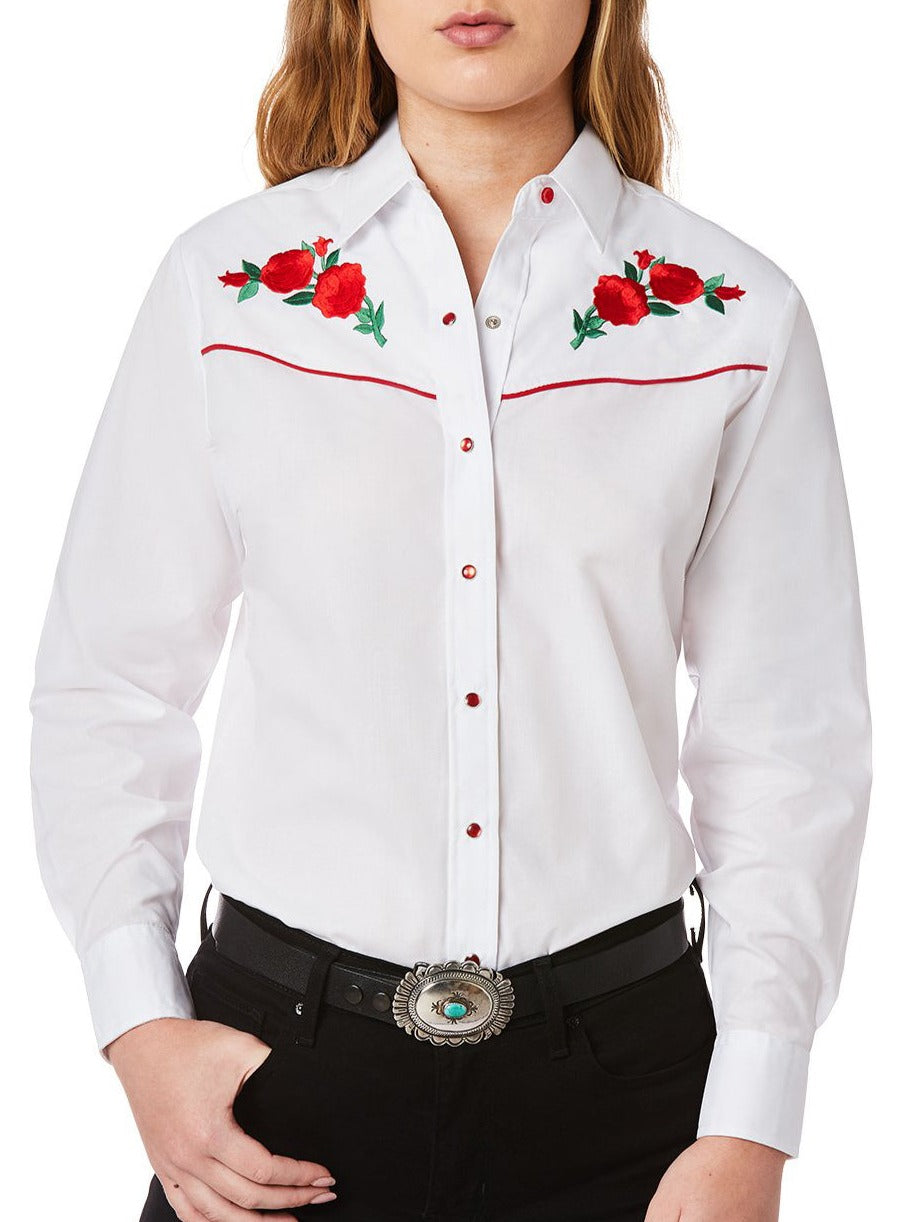 Ely Cattleman Women's Long Sleeve Western Shirt with Red Rose Embroidery