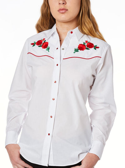 Women's Long Sleeve Western Shirt with Red Rose Embroidery in White | Ely Cattleman